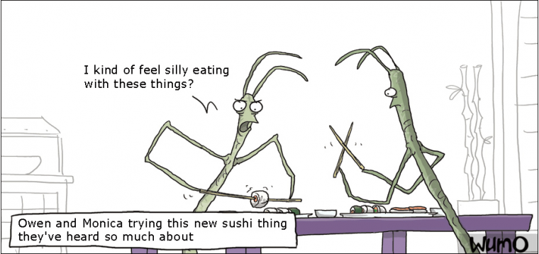 Stick insects eating sushi